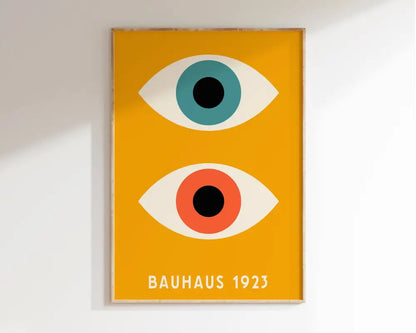 Minimalist DecorBites™ geometric bauhaus canvas poster with stylized eyes and teal and orange irises on mustard yellow background
