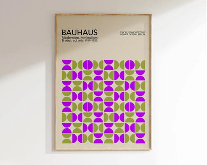 A framed decorbites™ geometric bauhaus canvas poster with purple and olive half-circles on off-white background