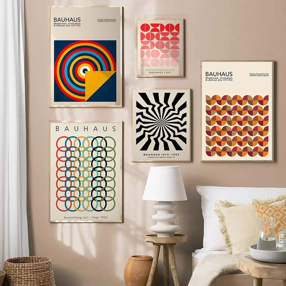 Set of five decorbites™ geometric bauhaus canvas posters with bold red yellow blue and orange patterns on cream backgrounds