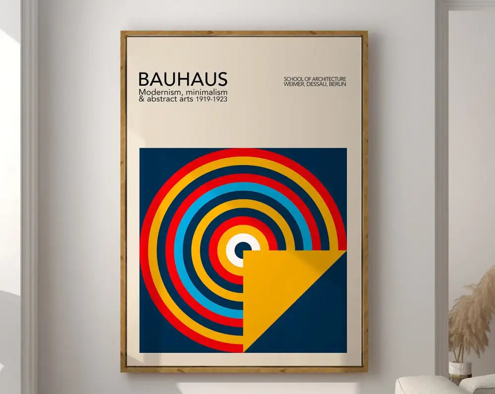 Decorbites geometric bauhaus canvas print featuring bold red yellow and blue circles on navy for modern home decor