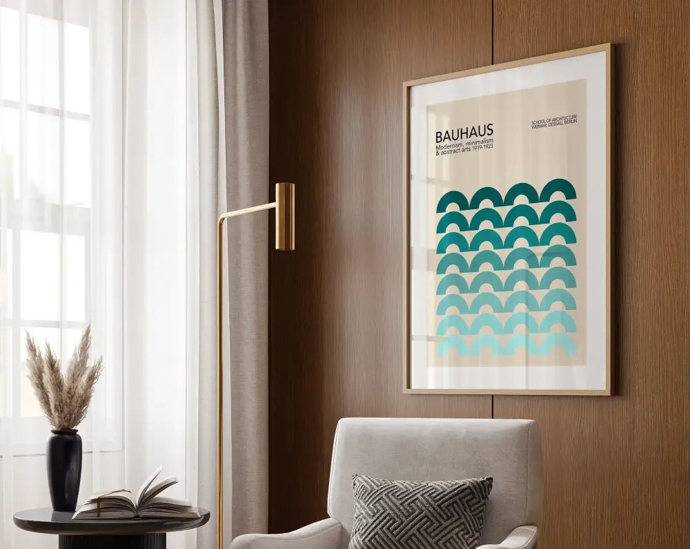 A geometric canvas print featuring teal and light blue bauhaus waves on cream in a thin gold frame for modern home decor