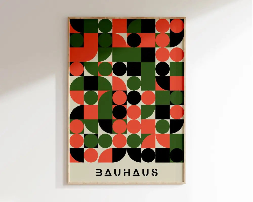 A framed decorbites™ geometric canvas print featuring bold red green and black circles for a modern home