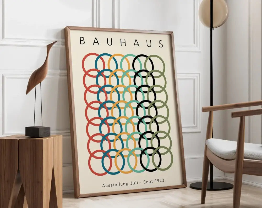 A framed DecorBites™ geometric canvas print with overlapping red teal yellow black and olive circles for modern home decor