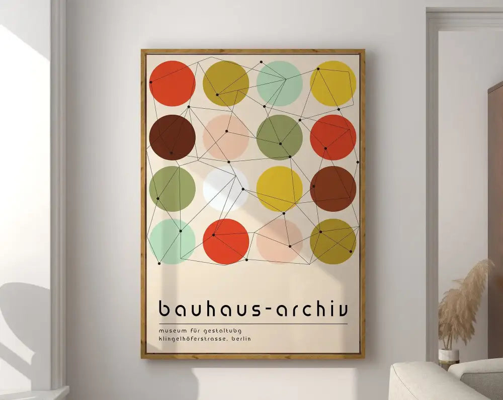 A geometric bauhaus canvas poster by DecorBites featuring overlapping orange yellow green and brown circles on cream background