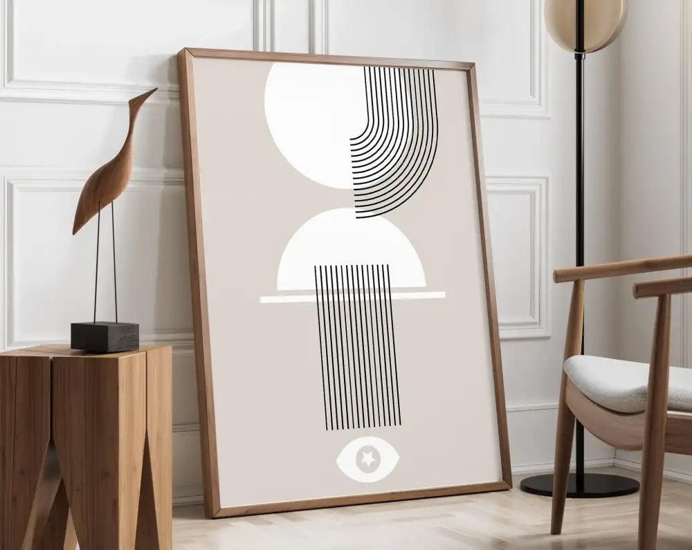DecorBites™ geometric bauhaus canvas print with beige background white shapes and black lines in light wood frame