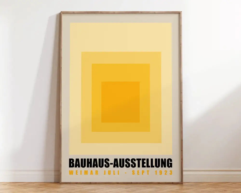 Minimalist geometric bauhaus canvas poster with concentric yellow squares and bold black bauhaus-ausstellung text