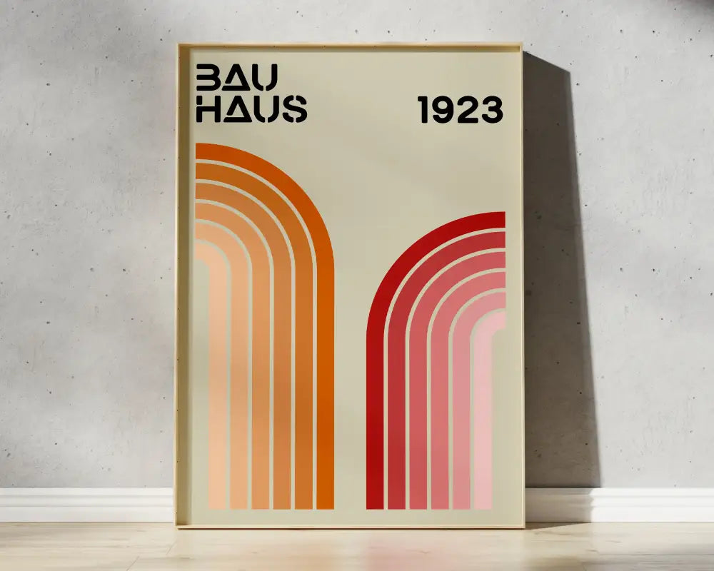 Minimalist framed geometric bauhaus canvas print with bold orange and red arches on cream background for wall art