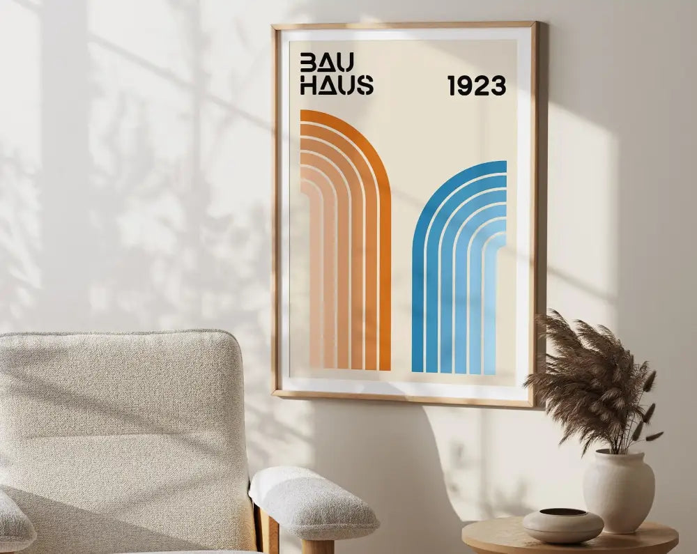 A minimalist geometric bauhaus canvas print with orange and blue arches on cream background for wall art decor