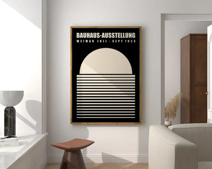 Decorbites™ geometric bauhaus canvas print in black and white with bold geometric design in light wood frame for home decor