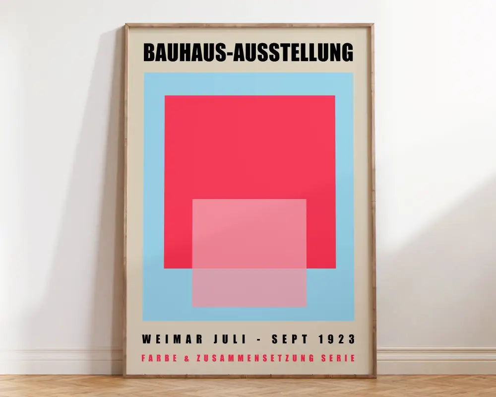 Minimalist decorbites™ geometric bauhaus canvas print with bold red and pink shapes and black text on light blue background