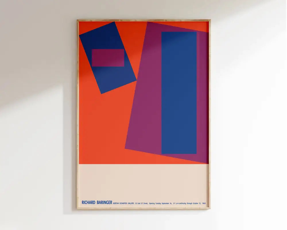 A framed decorbites™ geometric bauhaus canvas print with bold orange blue and magenta shapes on cream border