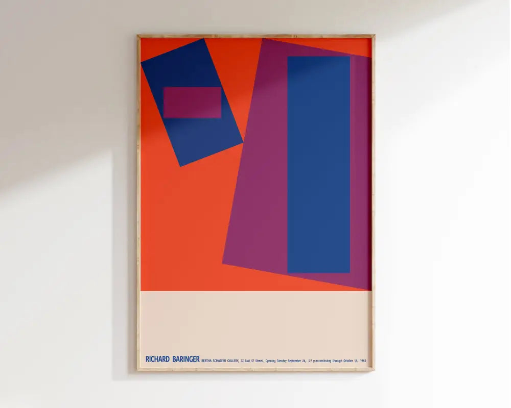 A framed DecorBites™ geometric bauhaus wall art poster with bold orange, blue, and magenta shapes for vibrant home decor