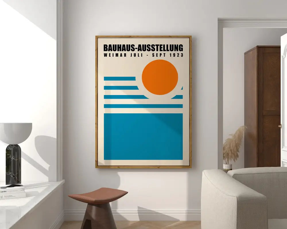 A framed decorbites™ geometric bauhaus canvas wall art with bold orange and teal design for colorful home decor