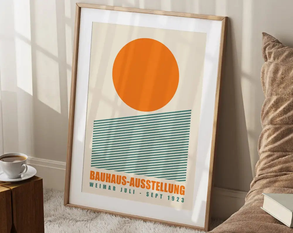 Framed decorbites™ geometric bauhaus wall art featuring bold orange circle and teal stripes for vibrant home decor