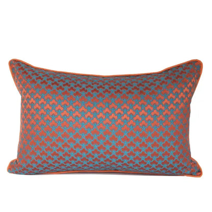 Rectangular decorbites geometric blue and red jacquard waist pillowcase with rust and teal quatrefoil pattern and orange border