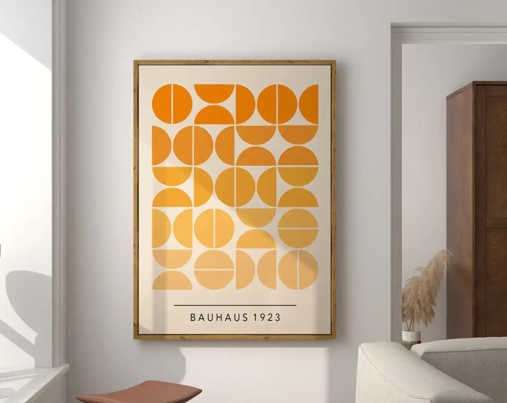 Decorbites™ geometric canvas poster featuring bauhaus 1923 text with orange and yellow circles on off-white background