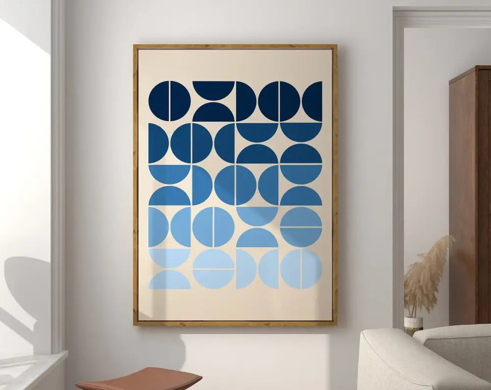 Decorbites™ geometric canvas poster with blue circular shapes in varying shades and light wood frame for mid century decor
