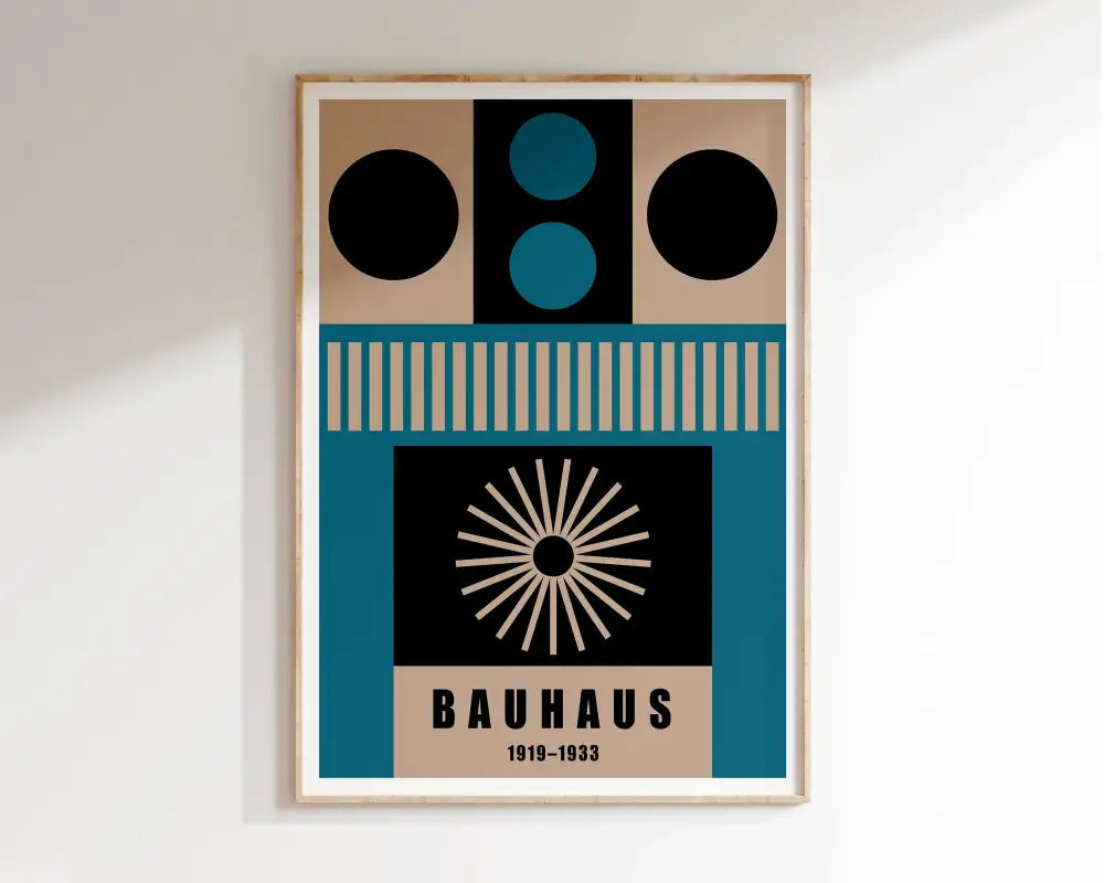 Framed decorbites™ geometric canvas poster with modern bauhaus style in teal black and beige tones