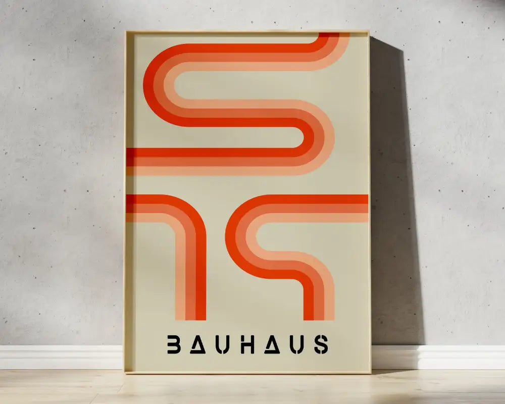 Decorbites™ geometric canvas poster with bold gradient orange and cream bauhaus lines on beige background