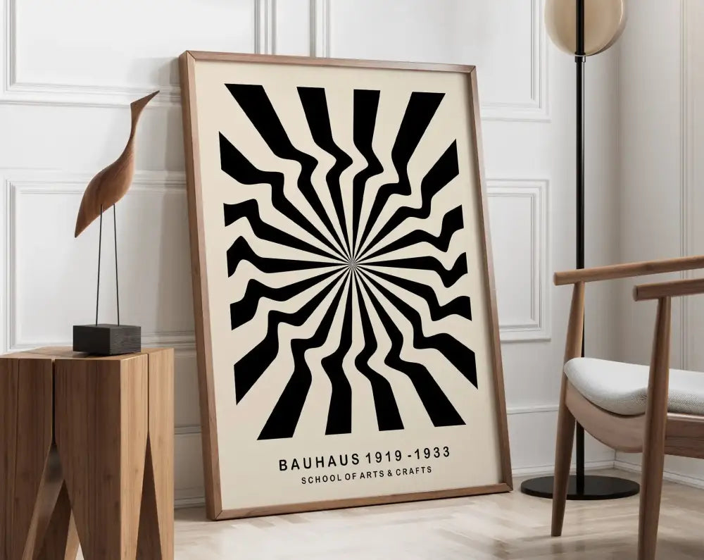 A framed DecorBites™ geometric canvas poster with bold black and cream radial stripes wall art