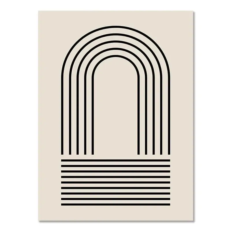 Beige abstract boho canvas featuring concentric black arches and horizontal lines in geometric leaf rainbow style