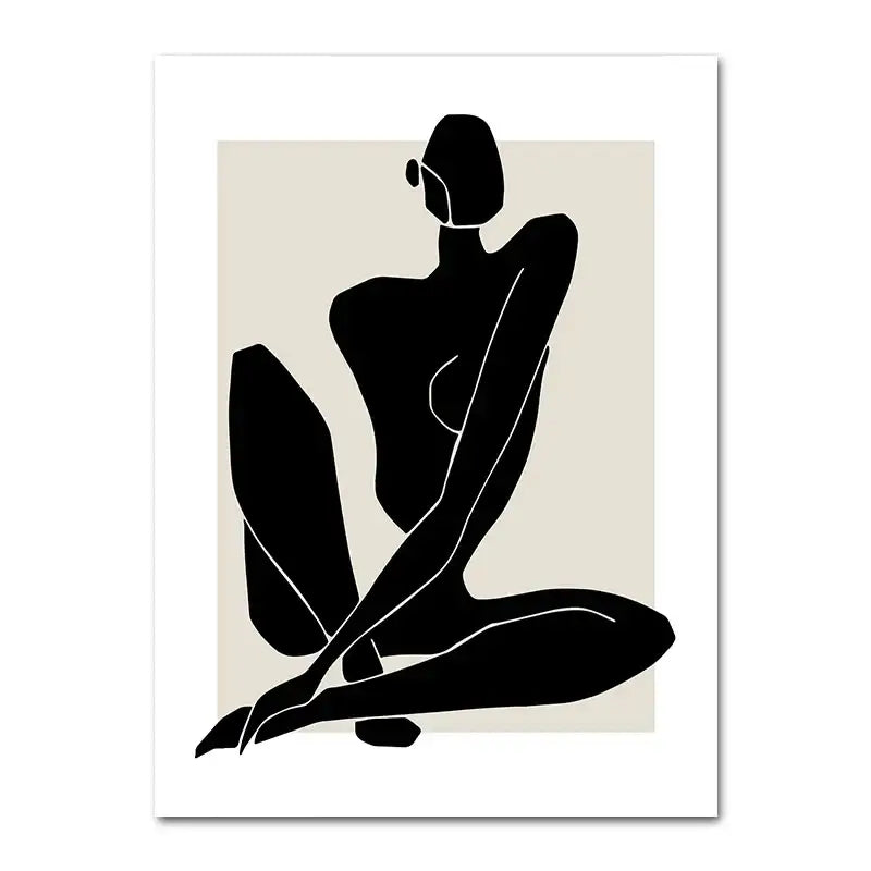 Black minimalist silhouette art print featuring a seated figure on beige background boho canvas geometric leaf rainbow wall art