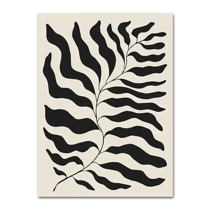 DecorBites™ boho canvas wall art featuring a black stylized geometric leaf design on a cream-colored background
