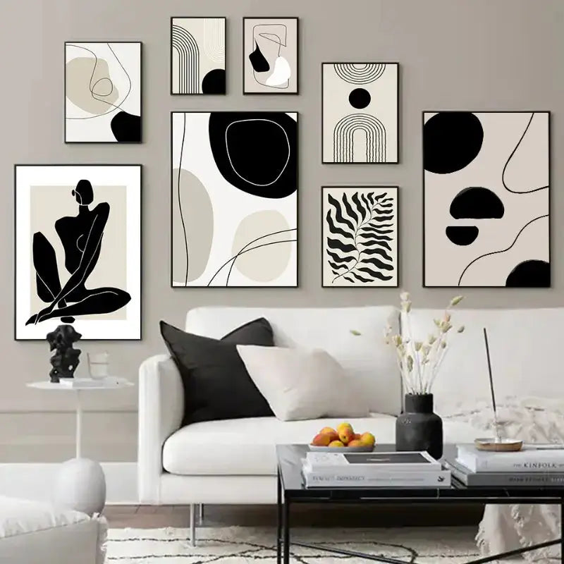 Decorbites boho canvas wall art featuring black and white geometric leaf rainbow abstract designs on beige wall