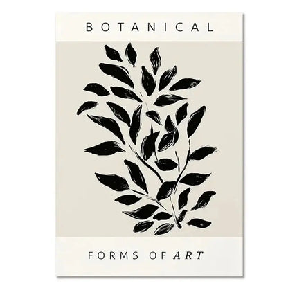 Botanical branch boho canvas wall art with black brushstroke geometric leaf design on beige background by decorbites