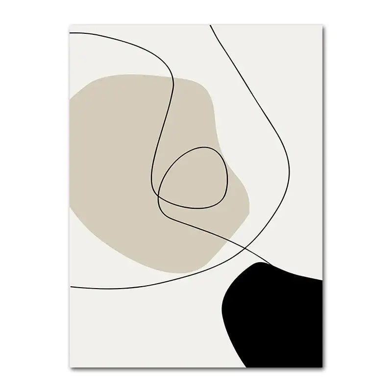 Minimalist abstract boho canvas wall art with flowing black lines and geometric leaf rainbow shapes on beige and off-white canvas