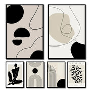 Set of six boho canvas geometric leaf rainbow abstract art prints in black frames on beige and cream backgrounds
