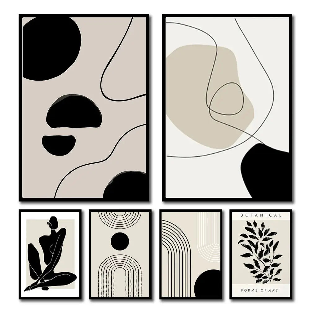 Set of six boho canvas prints with geometric leaf rainbow designs in black, beige, and cream tones with thin frames