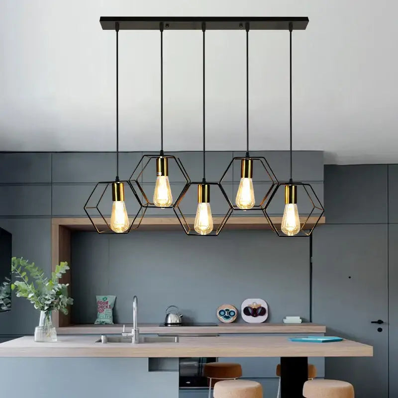 Decorbites geometric led black hexagonal metal pendant light fixture with brass edison bulb holders for dining room