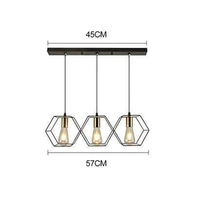 Black hexagonal wireframe pendant light with three exposed edison bulbs and brass accents decorbites geometric led chandelier
