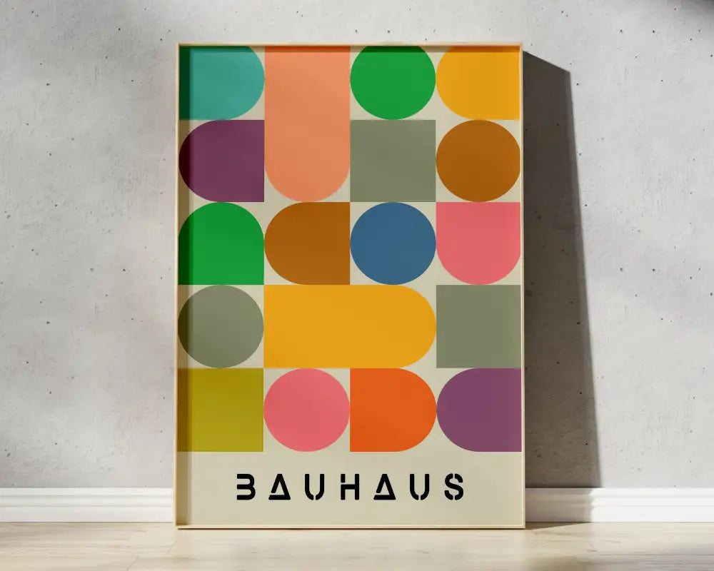 A vibrant bauhaus mid century canvas print with colorful geometric shapes in teal orange green for home decor
