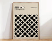 Decorbites™ geometric mid-century canvas wall art print beige bauhaus design with black circles in light wood frame