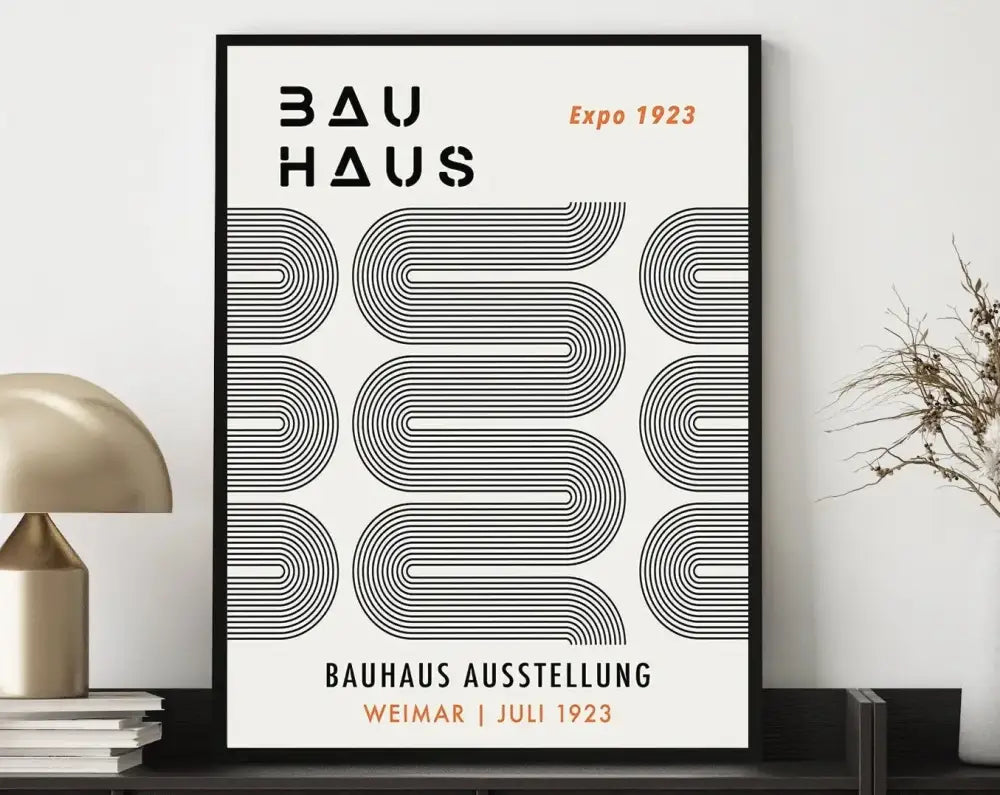 Decorbites™ geometric mid-century canvas wall art print with black text and orange expo 1923 on cream background