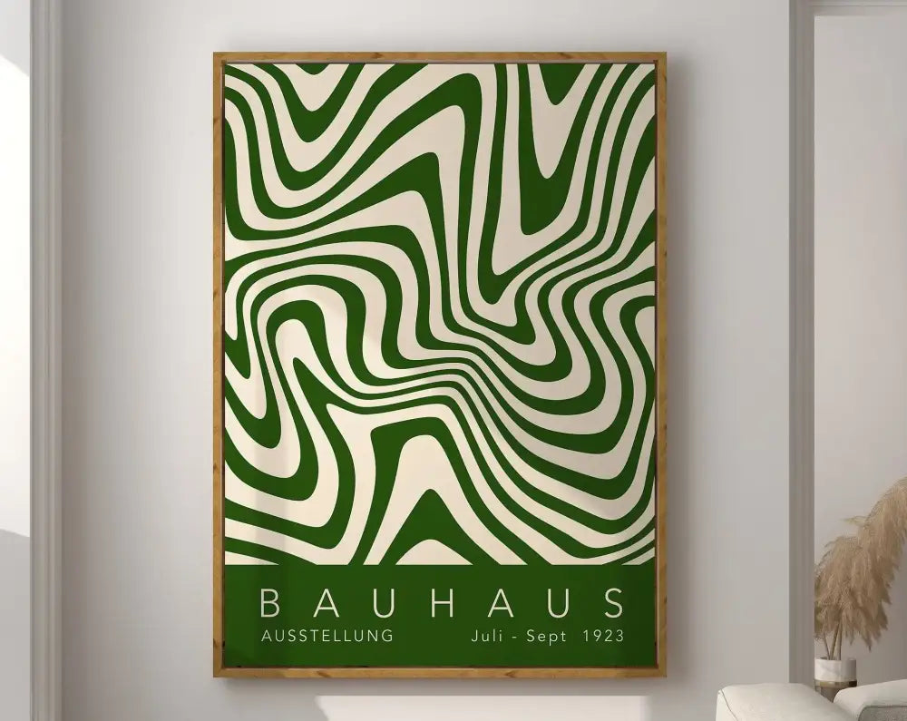 DecorBites™ geometric canvas poster with bold green and cream wavy lines in a light wood frame wall art