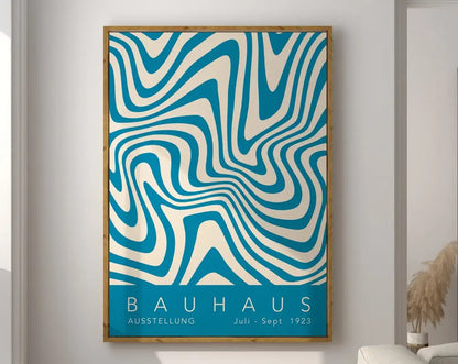 DecorBites™ geometric canvas poster with blue and white wavy lines featuring bauhaus ausstellung 1923 wall art design