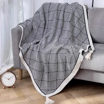 Black and white decorbites geometric tassel knit throw blanket with cream fringe for living room decor