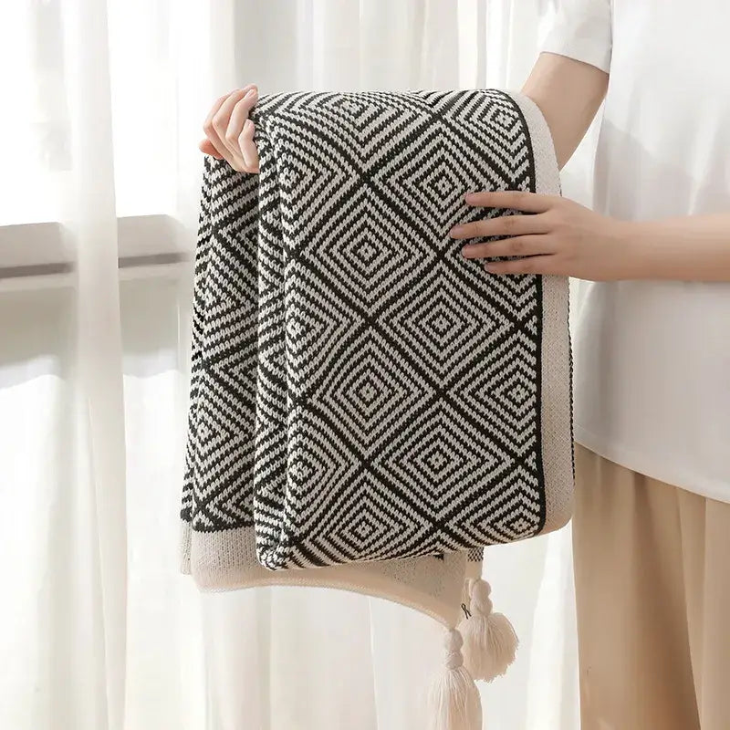Black and cream decorbites geometric tassel blanket knit with tassels for living room throw and decor