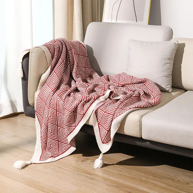 Red and cream decorbites geometric tassel knit throw blanket with tassels for living room decor use