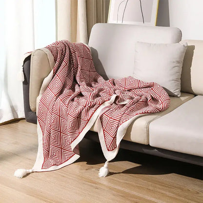 Red and cream decorbites geometric tassel knit throw blanket with tassels for living room decor use