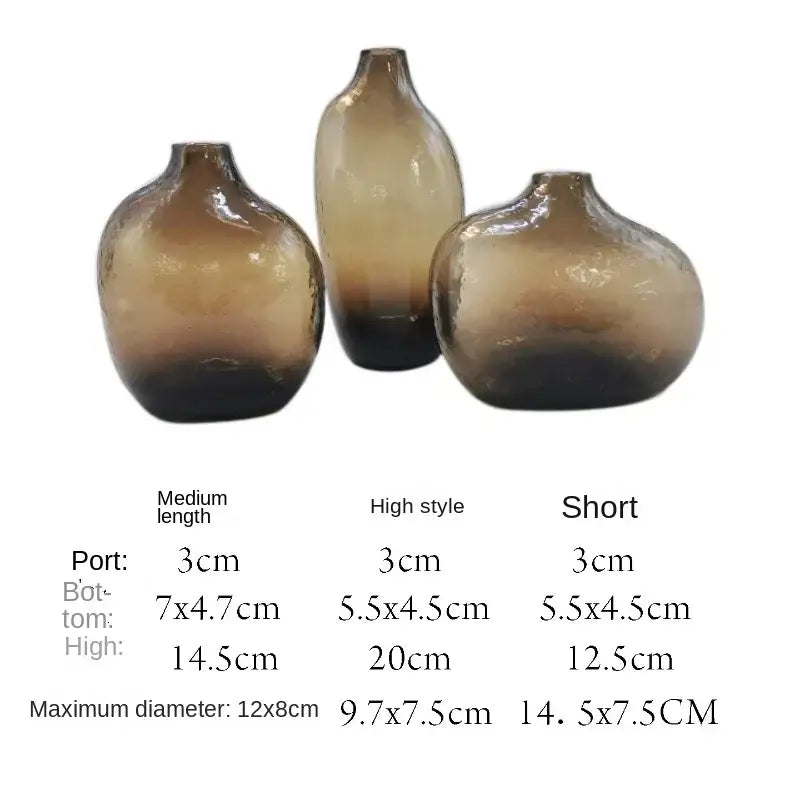 Set of three amber gradient glass vases with textured rounded bodies and darkened bases for geometric zen glass single flower arrangement