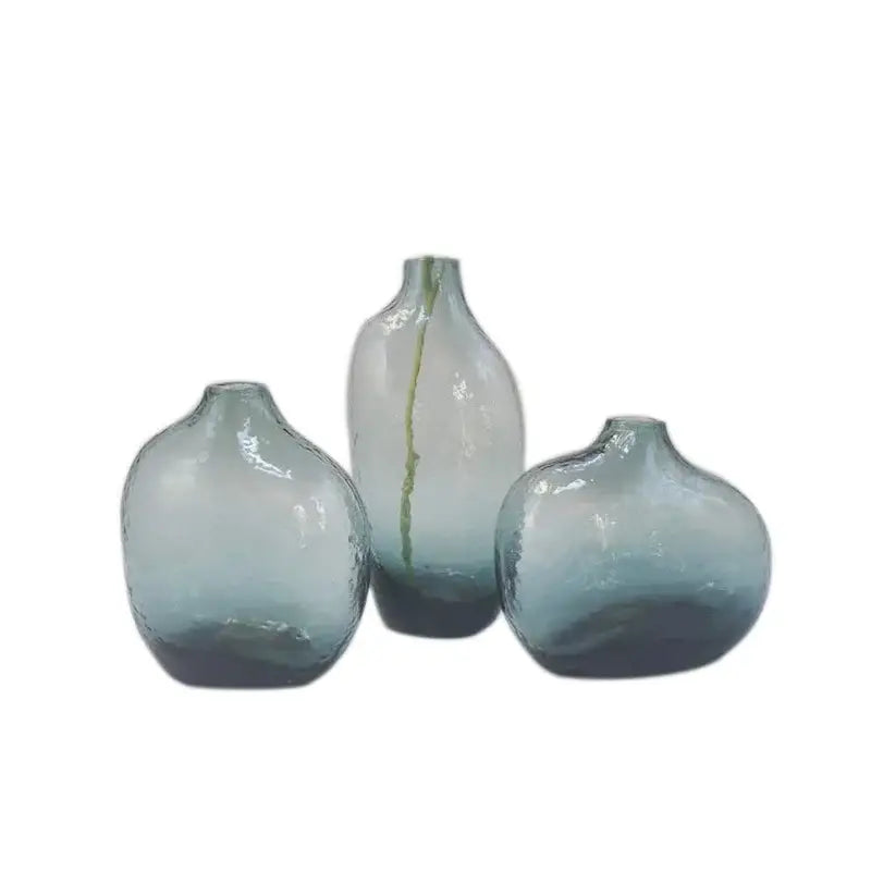 Set of three decorbites™ geometric zen glass vases with gradient blue-gray hue for single flower arrangement
