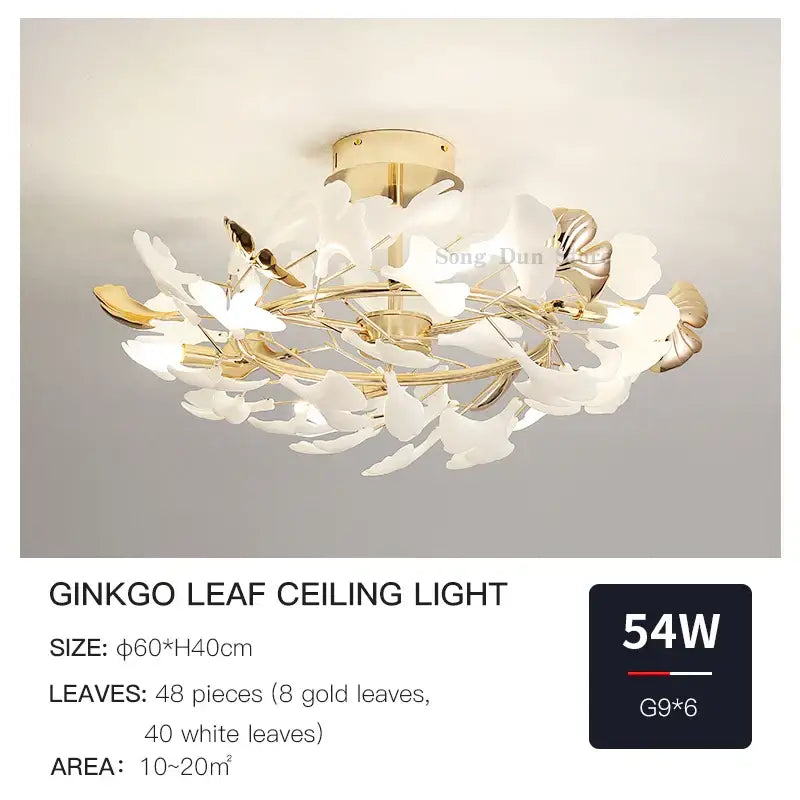 Elegant decorbites ginkgo leaf bedroom lamp with 48 white and gold leaves minimalist ceiling light