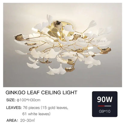 Elegant gold and white decorbites ginkgo leaf ceiling light with delicate branching stems for ginkgo leaf bedroom use
