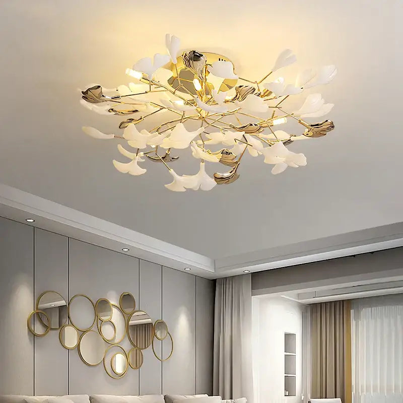 Gold-toned decorbites ginkgo leaf ceiling light with white leaf-shaped acrylic elements for ginkgo leaf bedroom decor