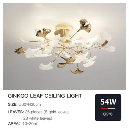 Gold and white decorbites ginkgo leaf ceiling light with delicate branching arms for ginkgo leaf bedroom decor