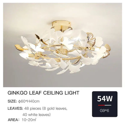 Elegant DecorBites Ginkgo Leaf ceiling light with 48 white and gold leaves for ginkgo leaf bedroom decor